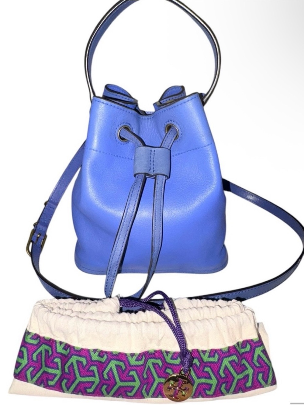Tory Burch Electric Blue Leather Drawstring Bucket Hobo